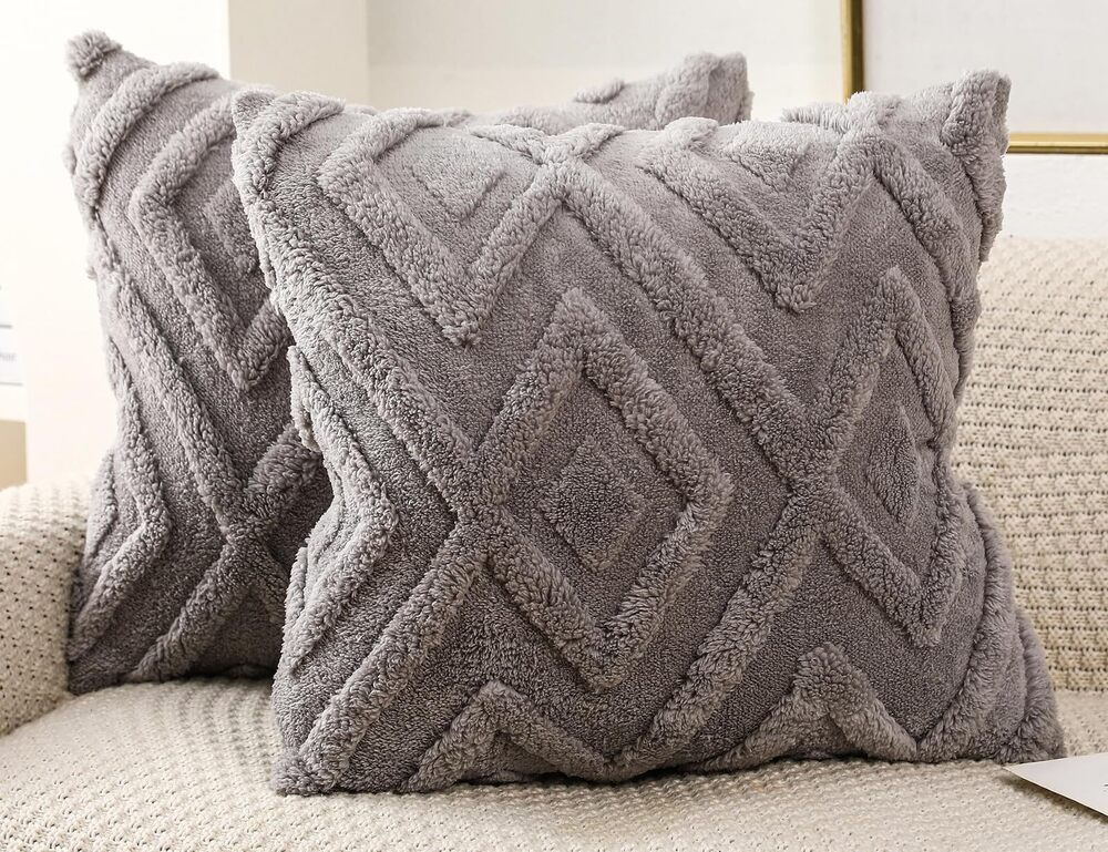 2642 Set of 2 Faux Fur Grey Throw Pillow Covers 20x20,Soft Checkborad